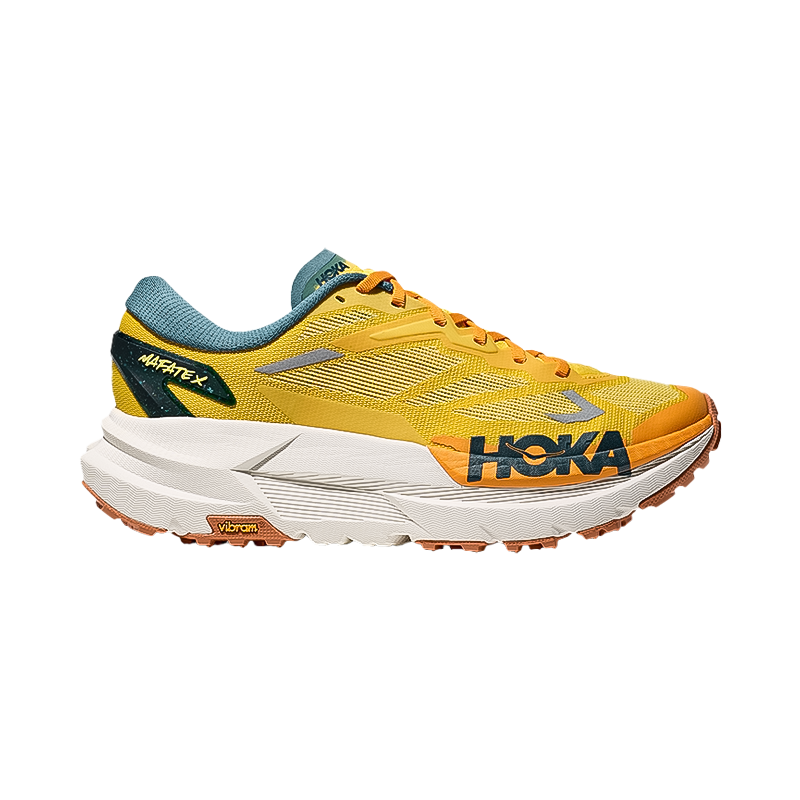 Hoka One One men's Mafate X trail running shoes with breathable upper and Vibram outsole.