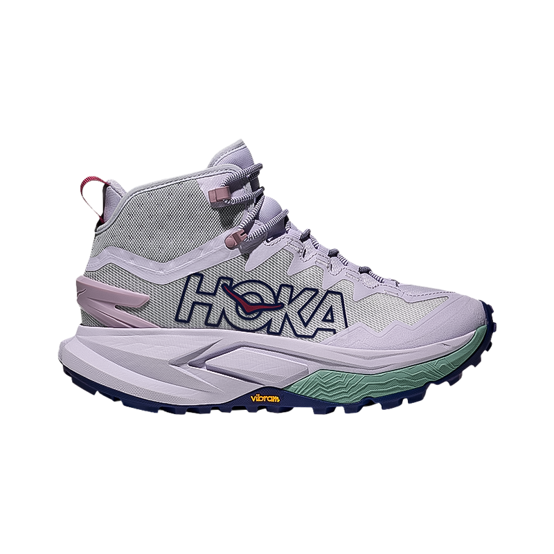 Purple Hoka One One women's mafate hike trail shoes feature cushioning, traction, and stability for rugged hiking on technical terrain.