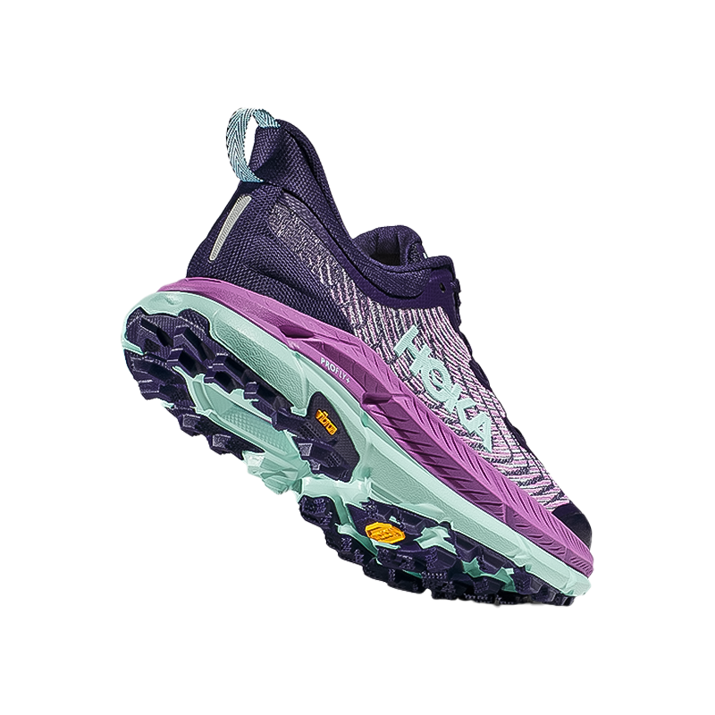 Purple HOKA One One women's Mafate Speed 4, a lightweight trail running shoe with breathable mesh and responsive cushioning for stability.