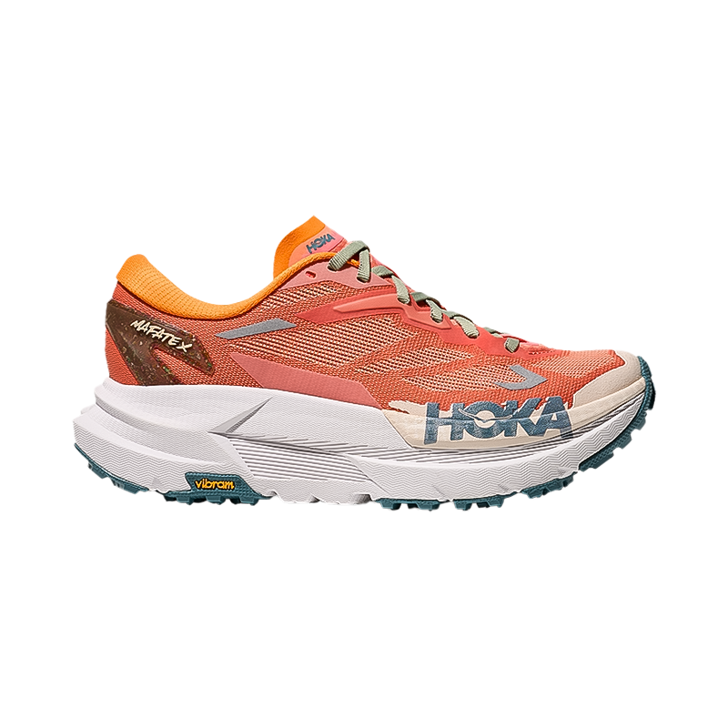 Hoka One One orange women's Kona Mafate X trail running shoes with cushioning and lightweight breathable upper.