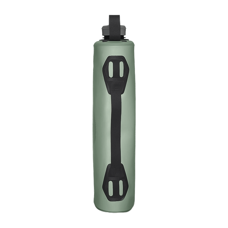 Green HydraPak water bottle with handle, lightweight, collapsible, and BPA-free for outdoor use.