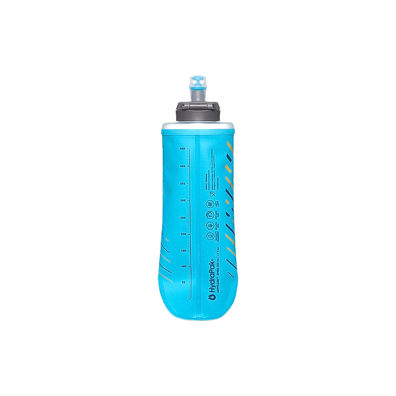 Blue hydration bottle with a handle, SpeedFill™ cap, and self-sealing valve, perfect for outdoor activities.