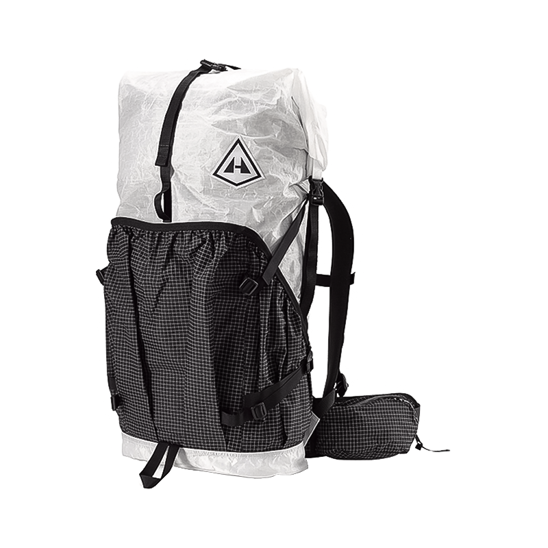 Black and white backpack with a black and white logo and roll-top closure for gear flexibility.