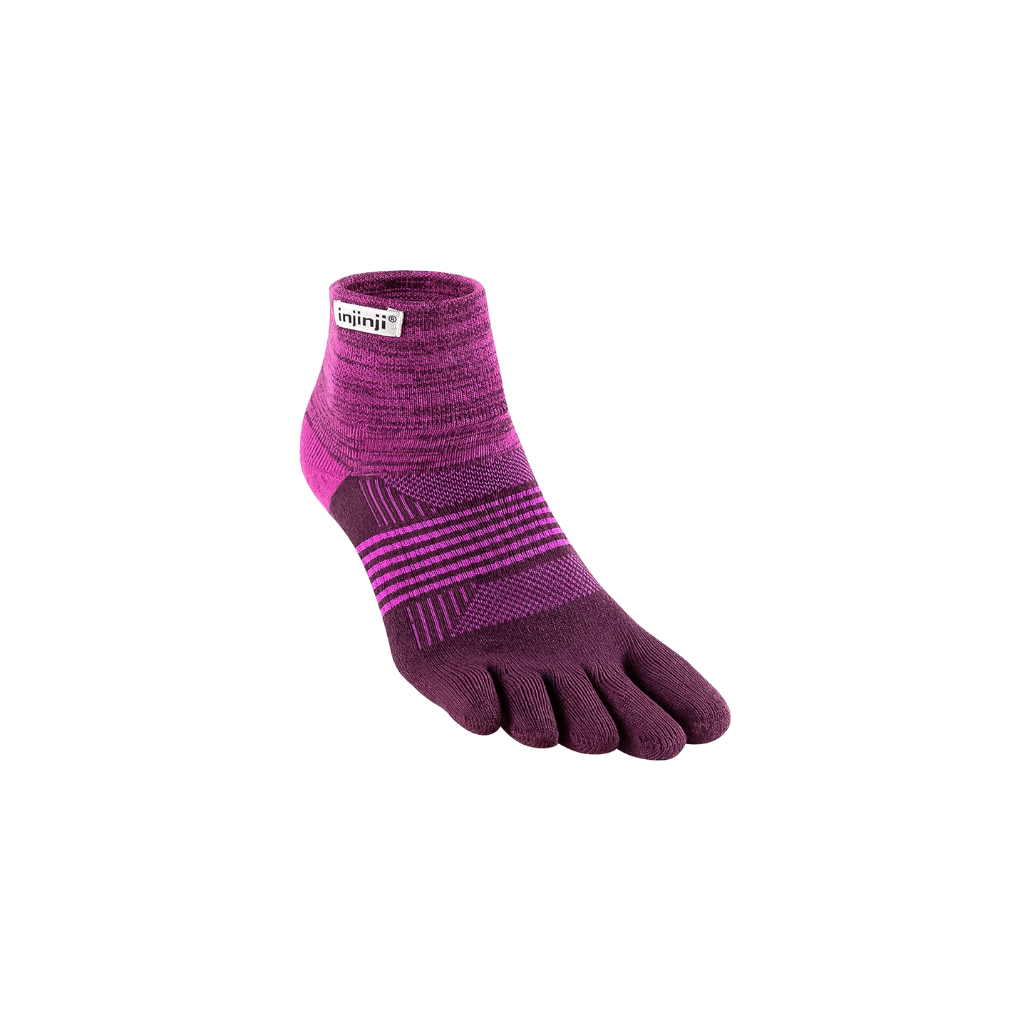 Injinji Women’s Trail Mini-Crew toe sock in violet, designed for trail running with moisture-wicking and blister prevention features.