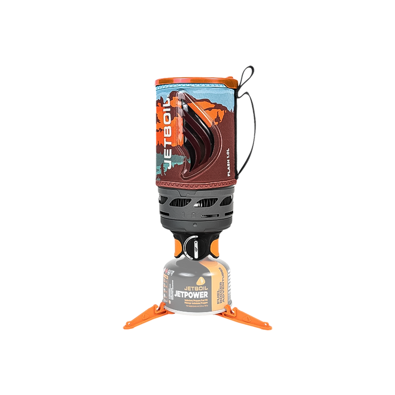 Jetboil Flash camping stove with a water bottle, showcasing its compact design for quick meals on outdoor adventures.
