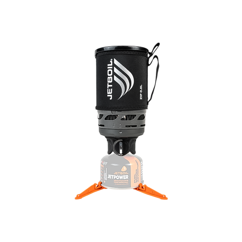JetBoil Zip camping stove in black and orange on a stand, ideal for fast boiling and easy packing.