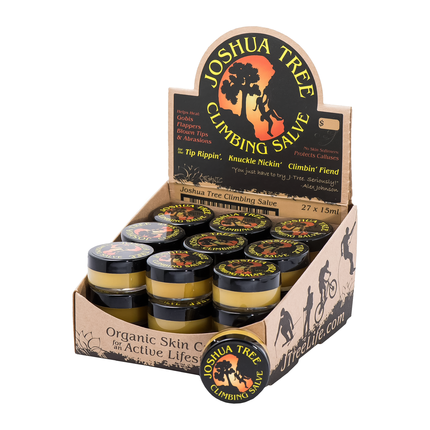 JTree organic salve in a jar, promoting healing for dry skin without softening calluses, surrounded by natural herbs.