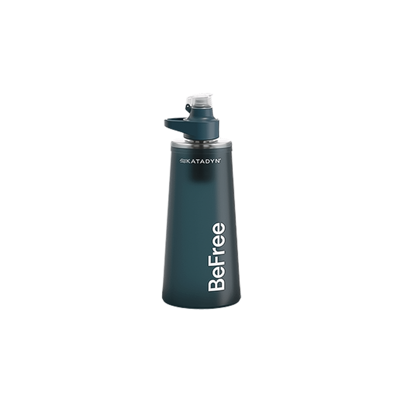 Compact 1L Blue Katadyn water bottle with a blue lid and cap, perfect for outdoor enthusiasts needing quick access to clean water.