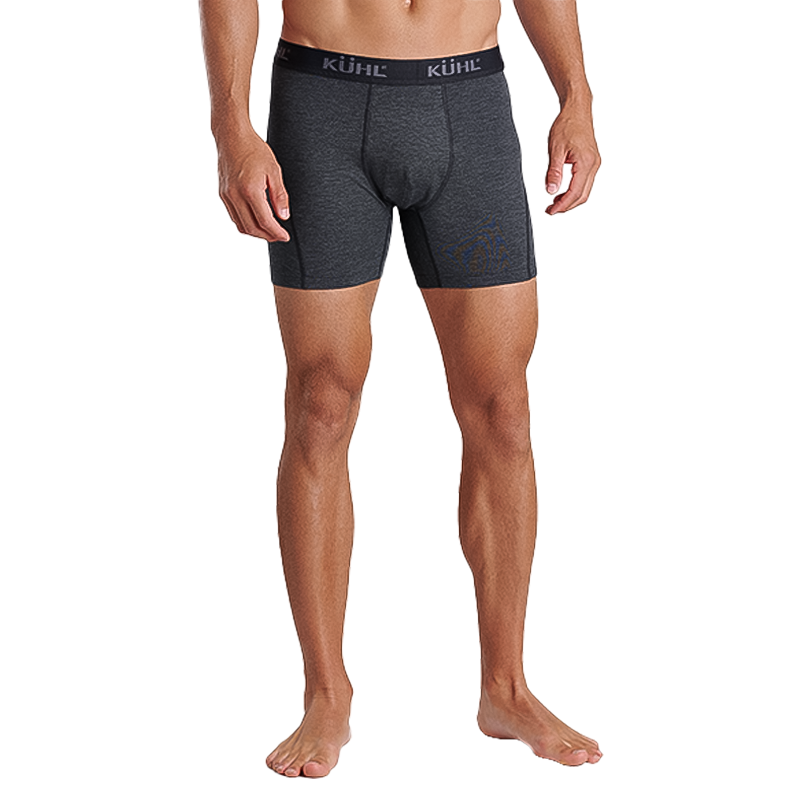 Men's charcoal boxer briefs by Kühl, designed for comfort with a soft feel and horizontal fly.