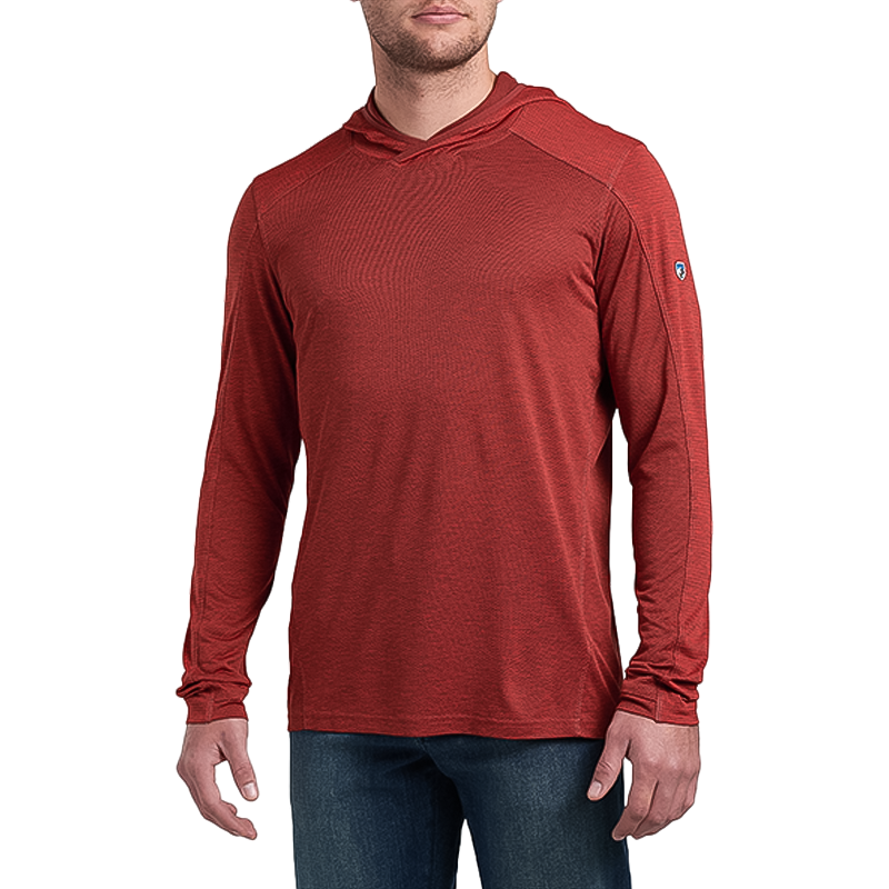 Kuhl Men's red Engineered Hoody, made from cotton blend for outdoor use, providing moisture management and UV protection.