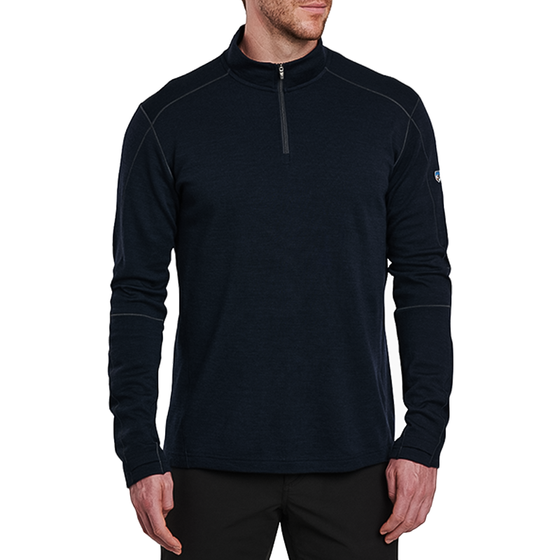 Kuhl men's navy half-zip sweater, perfect for outdoor activities with moisture-wicking properties.