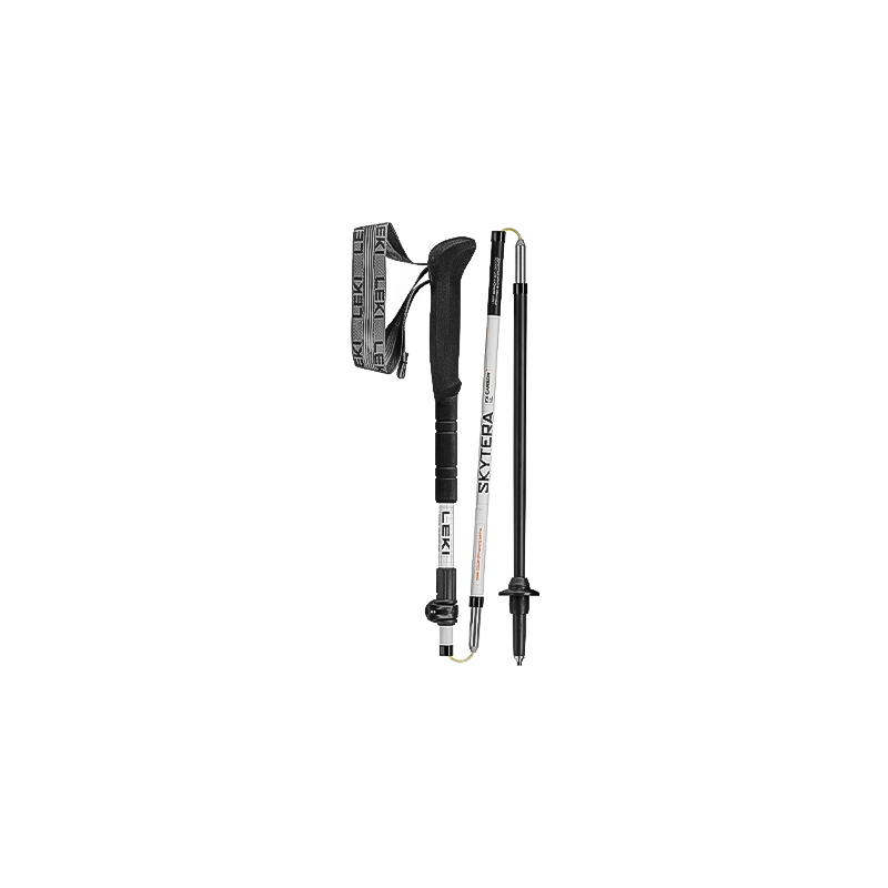 White Leki collapsible ski poles with black handles, ideal for trail running and mountaineering.
