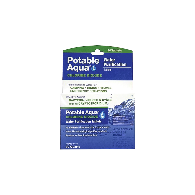 30-pack Potable Aqua Chlorine Dioxide tablets, lightweight water purifier that eliminates harmful pathogens without taste.