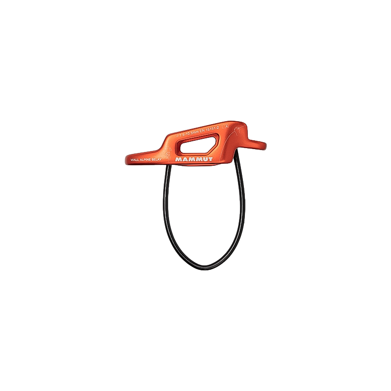 Close-up of an orange lightweight aluminum Mammut belay clip with a black handle for versatile climbing.