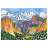 McKenzie Dale. Tunnel view of Yosemite Valley postcard. Majestic mountains, rendered in hues of purples, blues, oranges, and yellows, rise with bold confidence. Each peak is lovingly outlined with a dark ink that accentuates its whimsical silhouette. Above it all, a serene blue sky cradles wispy cloud formations, each also etched in ink to match the storybook vibe of the scene below.