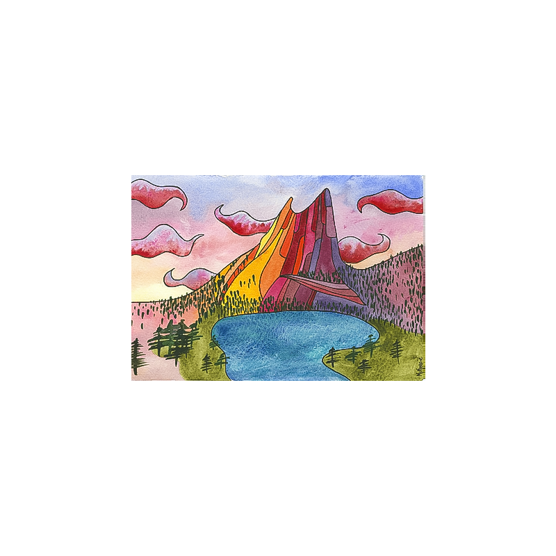 A serene note card of a mountain reflected in a lake, surrounded by fluffy clouds, perfect for nature lovers.