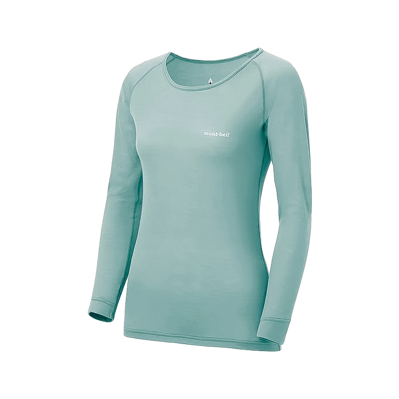 Lightweight women's light blue Merino Wool long sleeve top, perfect for comfort in cooler outdoor adventures.
