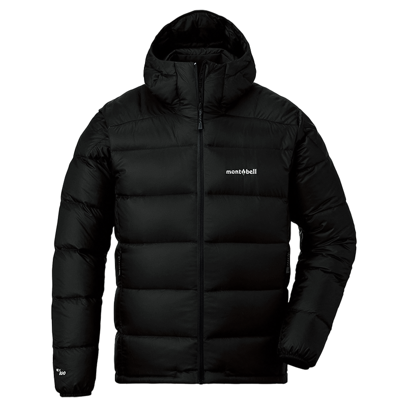 Black Montbell men's alpine light down jacket with a hood, ideal for cold weather.