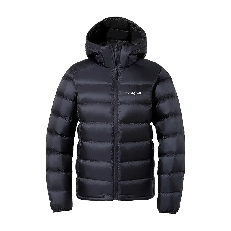 Navy Montbell parka displayed, showcasing its lightweight design and warm insulation for cold weather activities.