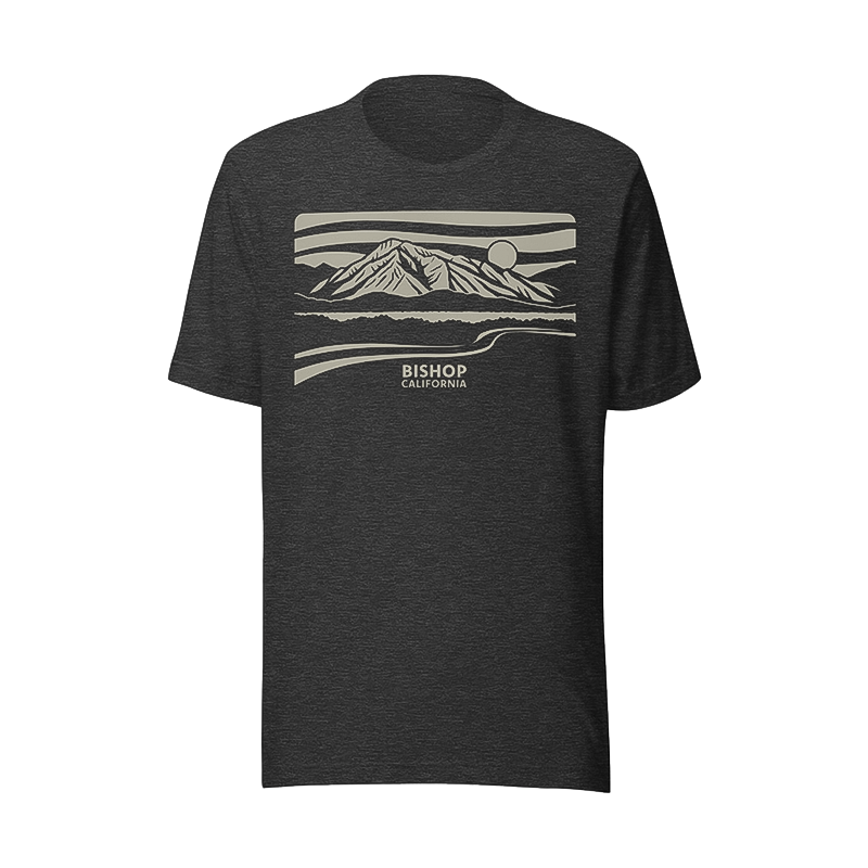 Dark heather gray t-shirt with a cream Mt. Tom design, representing the scenic beauty of Bishop, CA.