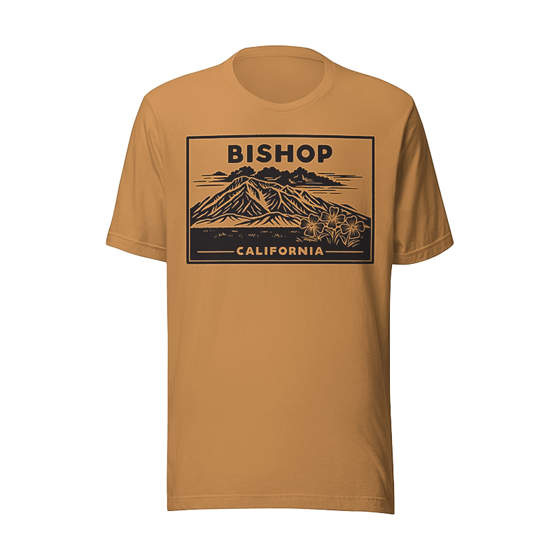 A vintage brown t-shirt with "the mountain" and a scenic backdrop, blending comfort and style.