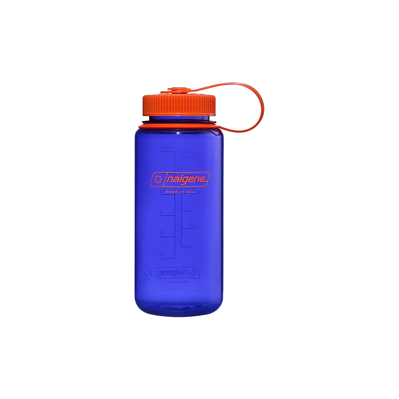 Blue Nalgene 16 oz water bottle with an orange handle, made from recycled materials for sustainable hydration.