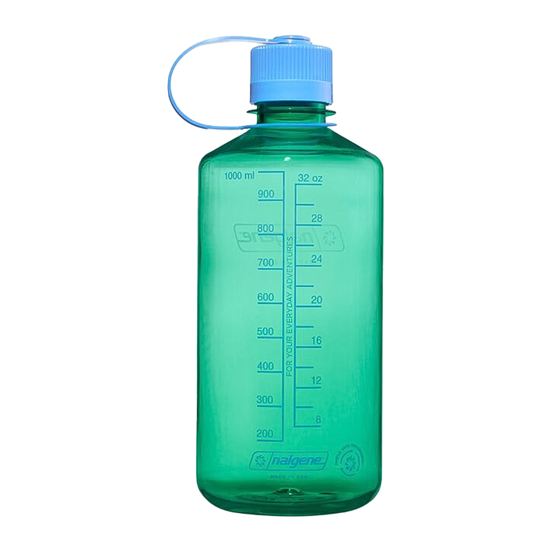 Blue-capped Nalgene 32oz water bottle in green, eco-friendly and spill-resistant.
