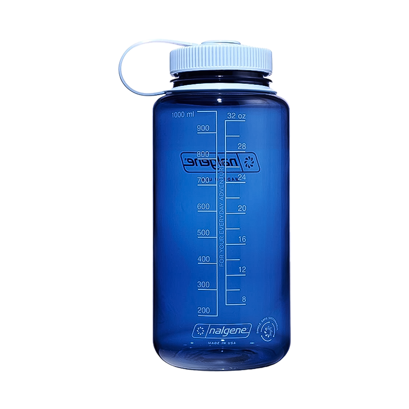 Wide mouth blue Nalgene® water bottle, 32 oz, 50% recycled plastic, durable, and dishwasher safe.