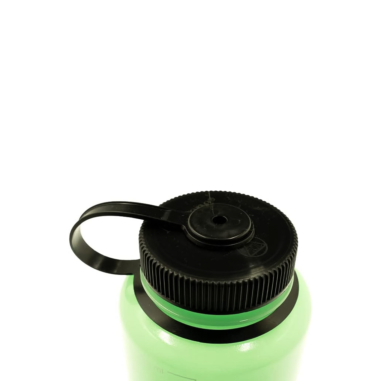 Close-up of durable glow green Nalgene 48oz bottle cap with a black handle designed for rugged use, featuring a wide mouth and leak-proof seal.