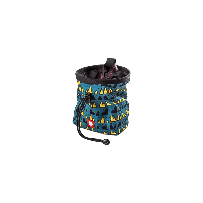 Small teal chalk bag with brush holder and belt, perfect for stylish climbing.