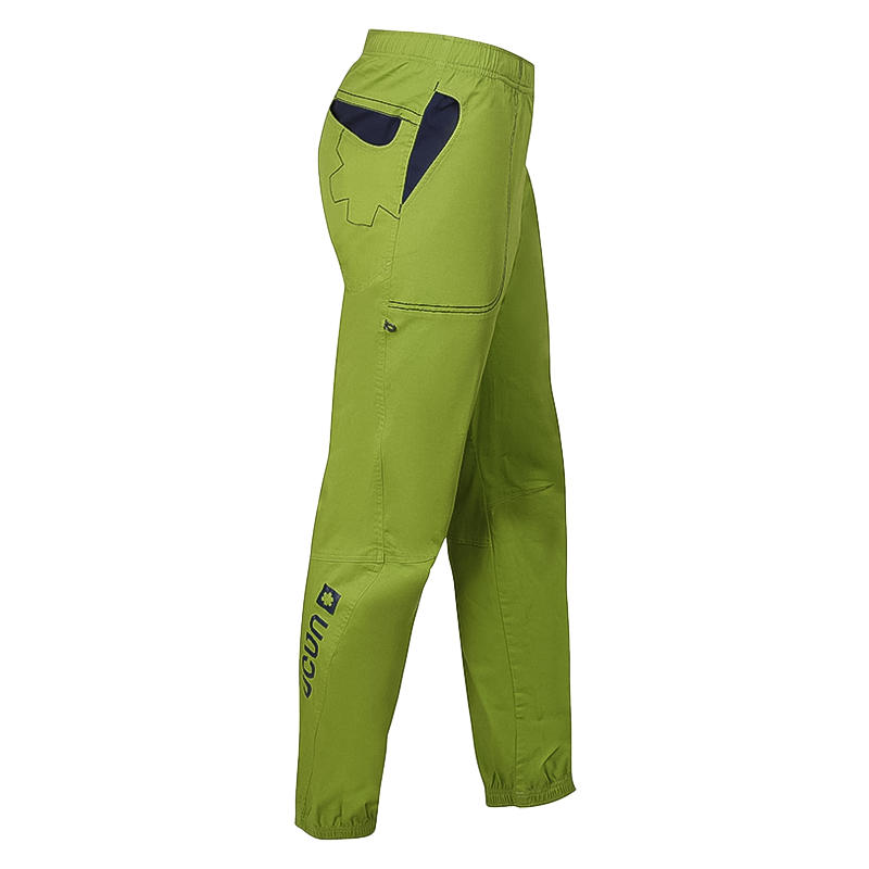 Green climbing pants with black accents, designed for comfort and mobility, featuring pockets and brush loops.