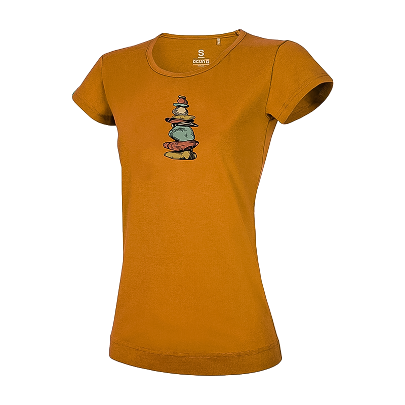 Women's brown T-shirt with a stacked stone design, made from 100% cotton, ideal for climbing and casual wear.