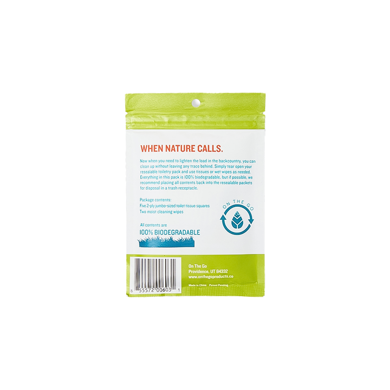TP Kit in a green bag with biodegradable tissues and wipes in a resealable pouch for easy disposal.