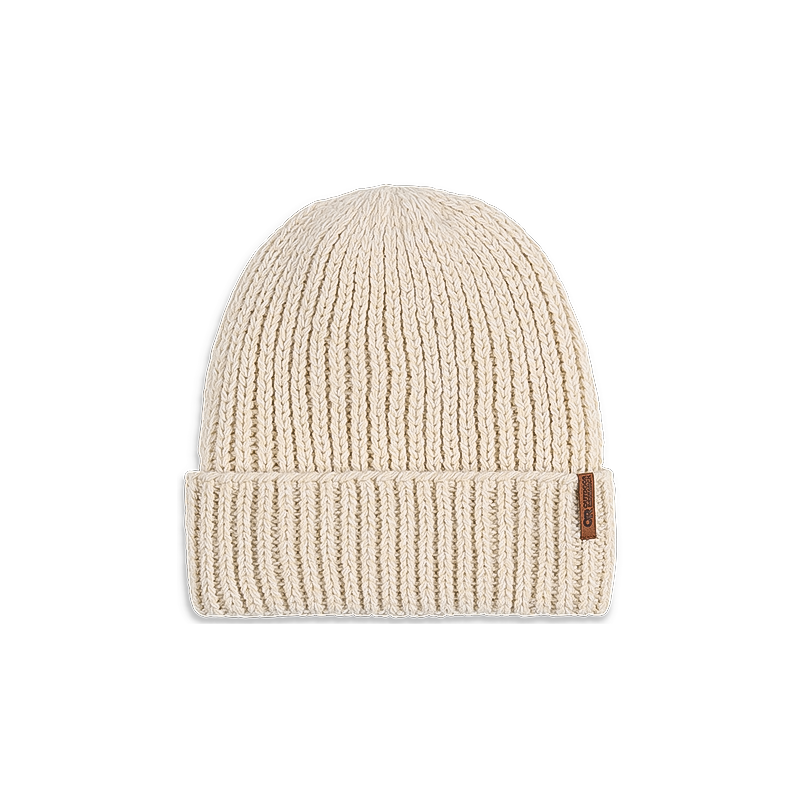 Cozy, knitted cream white wool beanie with a rib-knit cuff, ideal for cold weather and outdoor activities.