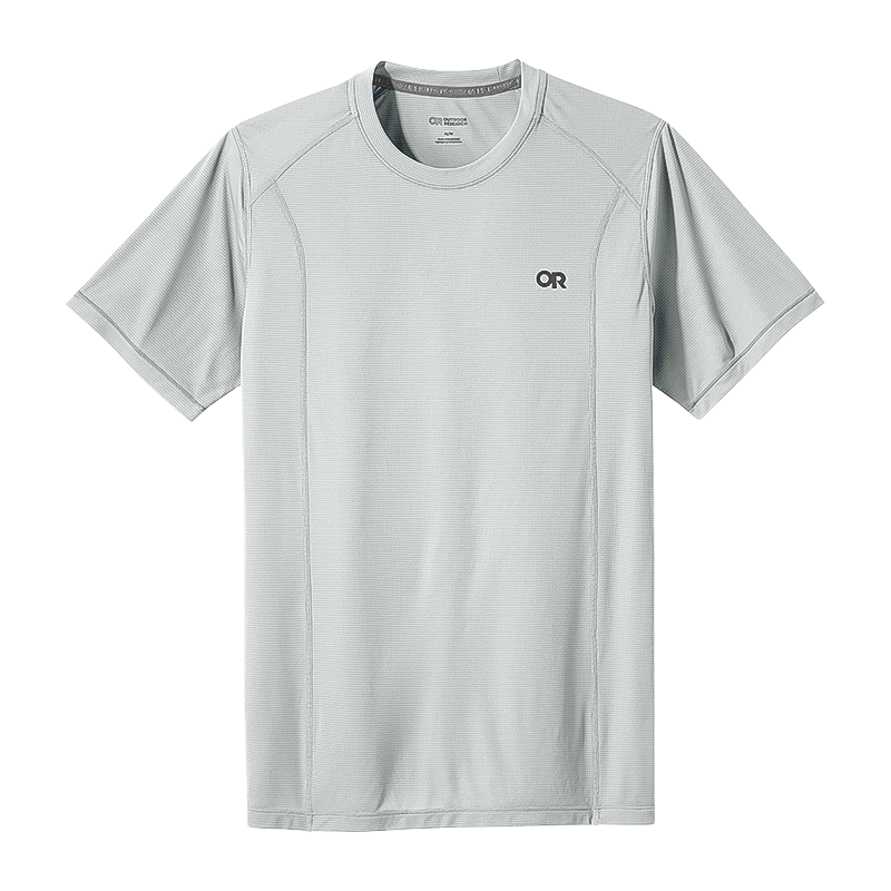 Men's light grey Outdoor Research t-shirt with black logo, designed for high-intensity activities with UPF protection.