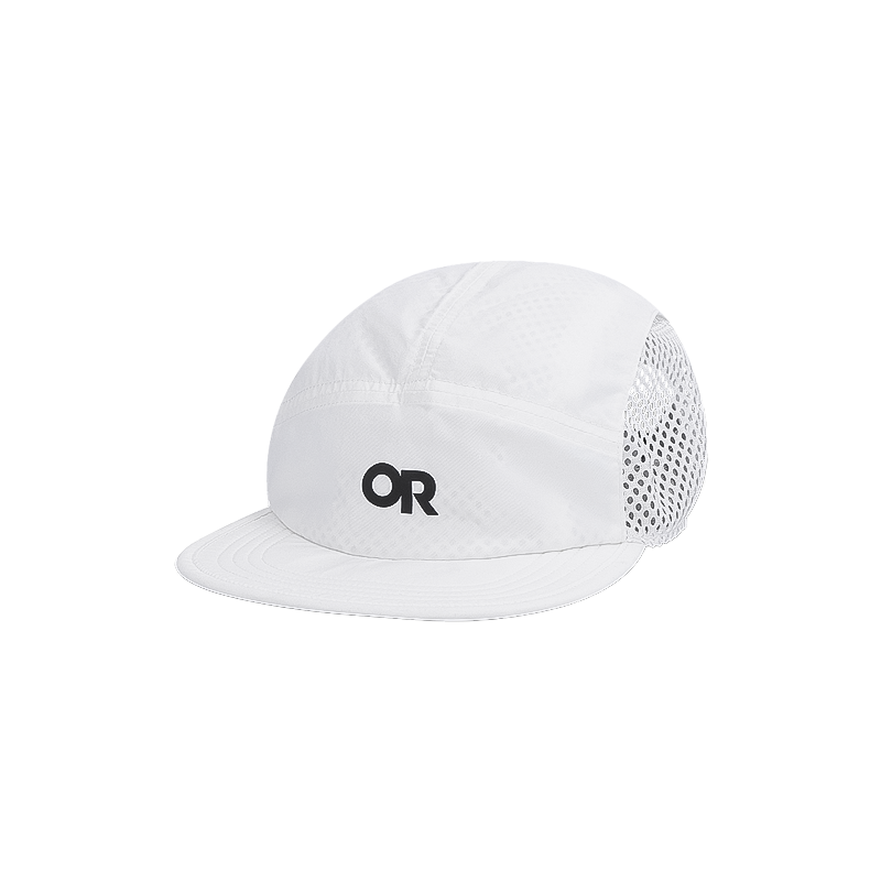 Lightweight and breathable white Outdoor Research cap with black OR logo, designed for runners.