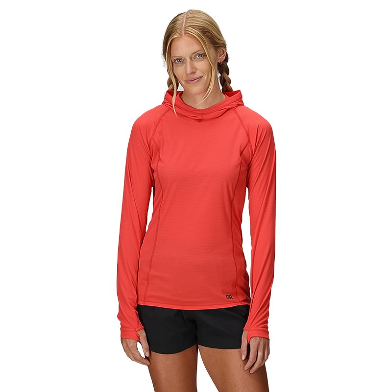 Women's bright pink long sleeve hoodie with an open neck, ideal for outdoor activities, moisture-wicking, and UPF 15.