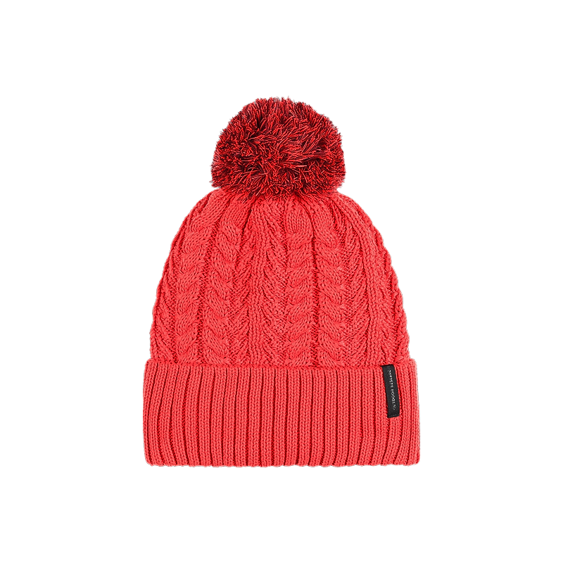 Trendy red cable knit beanie with pom pom, designed for winter style.