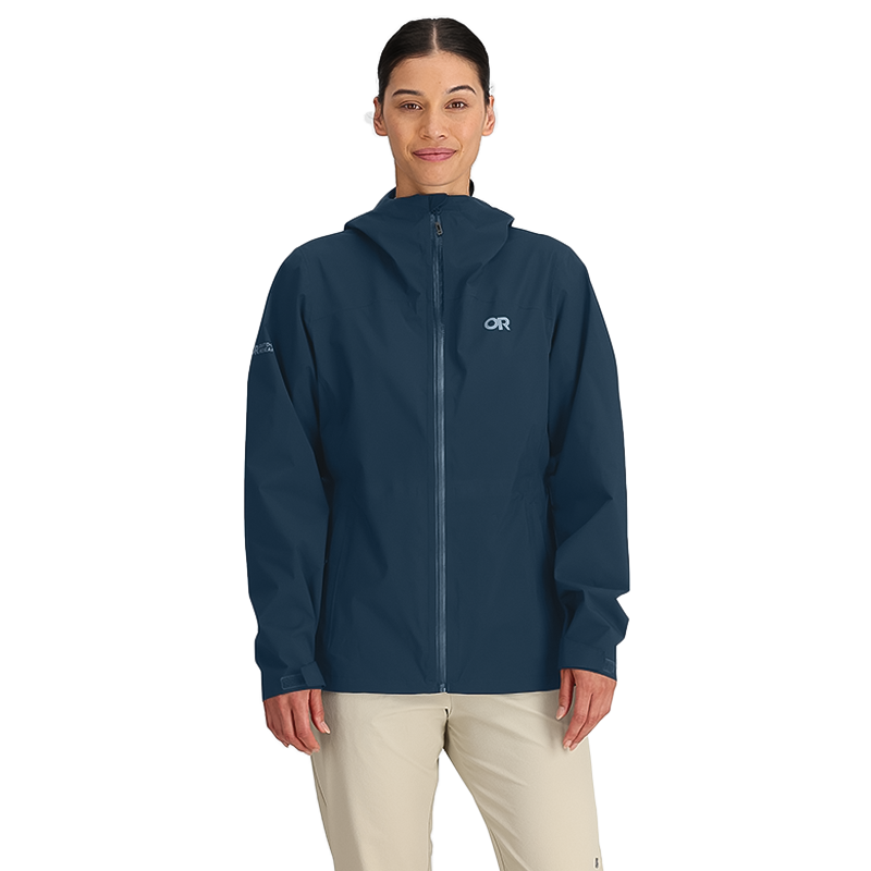 Outdoor Research women's navy blue rain jacket, eco-friendly and breathable for comfort.