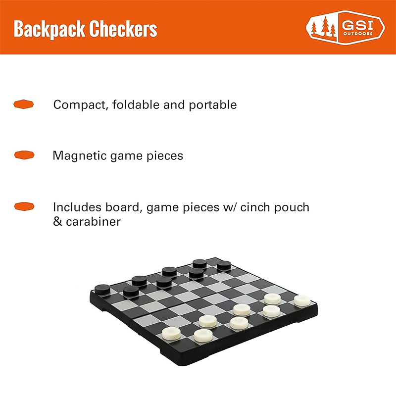 Magnetic plastic checkers in a backpack, perfect for outdoor games.