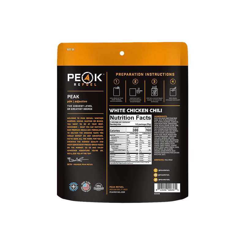Peak Refuel's quick-prep white chicken chili meal nutrition facts, made with real meat and high in protein.