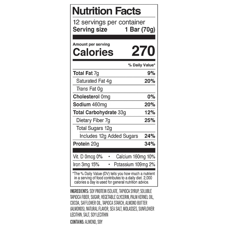 Sea Salt Caramel PROBAR 20g Protein Bar nutrition label with 270 calories, 20g protein, 12g sugar, and 7g fiber.
