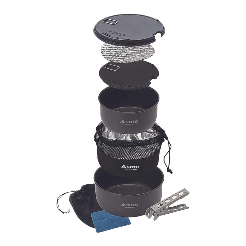 SOTO Navigator Cook Set with three camping pots and utensils for outdoor cooking.