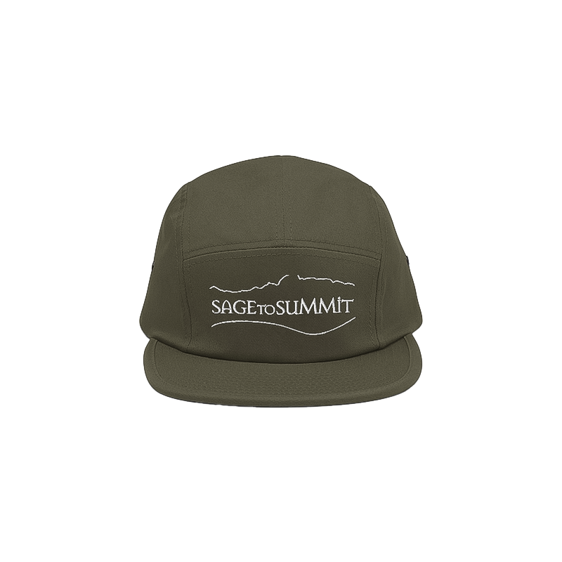 Logo of Sage to Summit on a green 5-panel hat, perfect for hiking and everyday exploration.