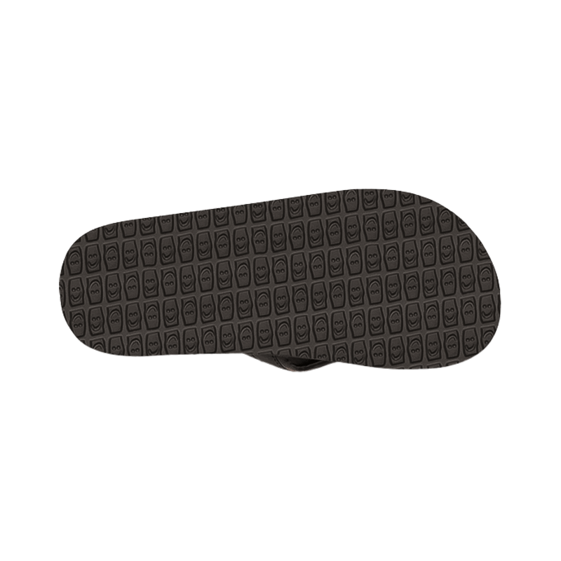 Dark brown Sanuk flip flop with patterned sole, synthetic leather straps, and yoga mat footbed for comfort.