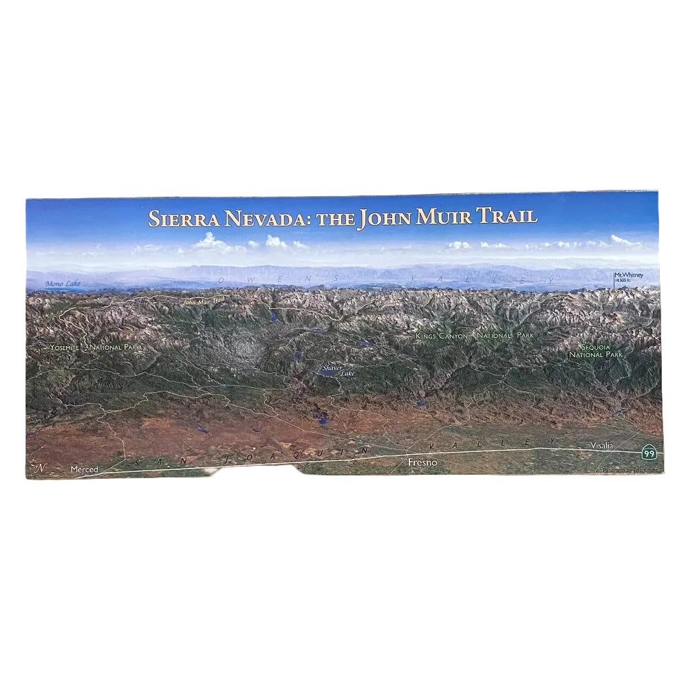 Postcard map of Sierra Nevada with John Muir Trail on a black background