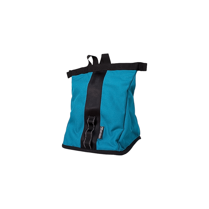 Blue climbing chalk bucket with black straps, featuring durable fabric and magnetic closure.
