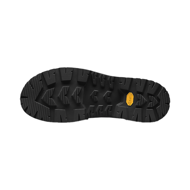 Black shoe vibram sole, designed for grip and stability outdoors.