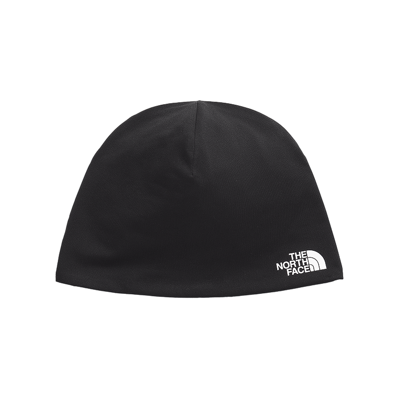 Black North Face Base Beanie made from recycled materials, designed for outdoor activities with moisture-wicking technology.