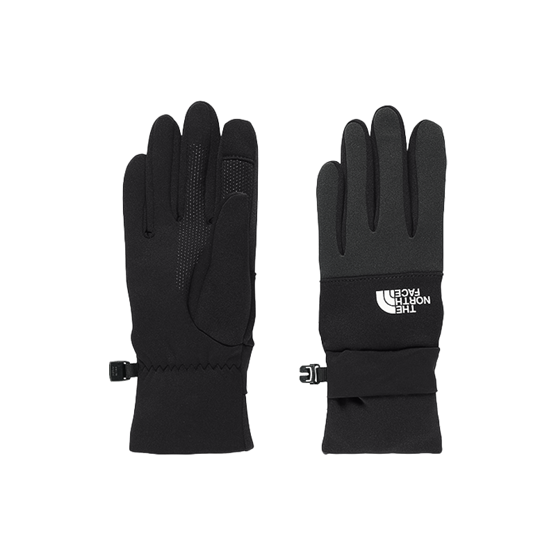 Black North Face Etip Trail Gloves with white logo, wind-resistant and touchscreen compatible.